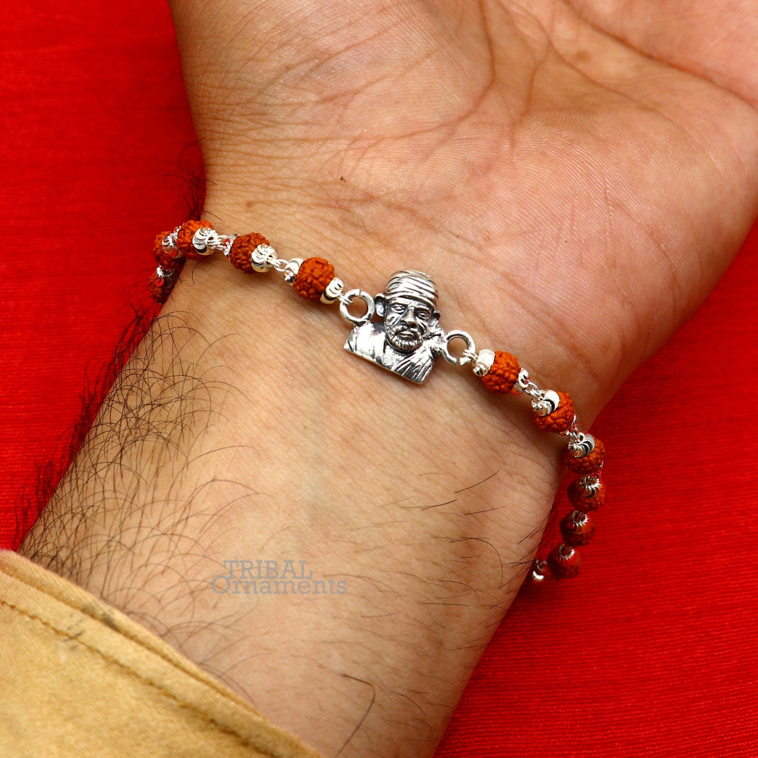 925 sterling silver handmade Sai baba design rakhi bracelet, available in rudraksha, black basil tulsi or silver beaded bracelet rk234 - TRIBAL ORNAMENTS