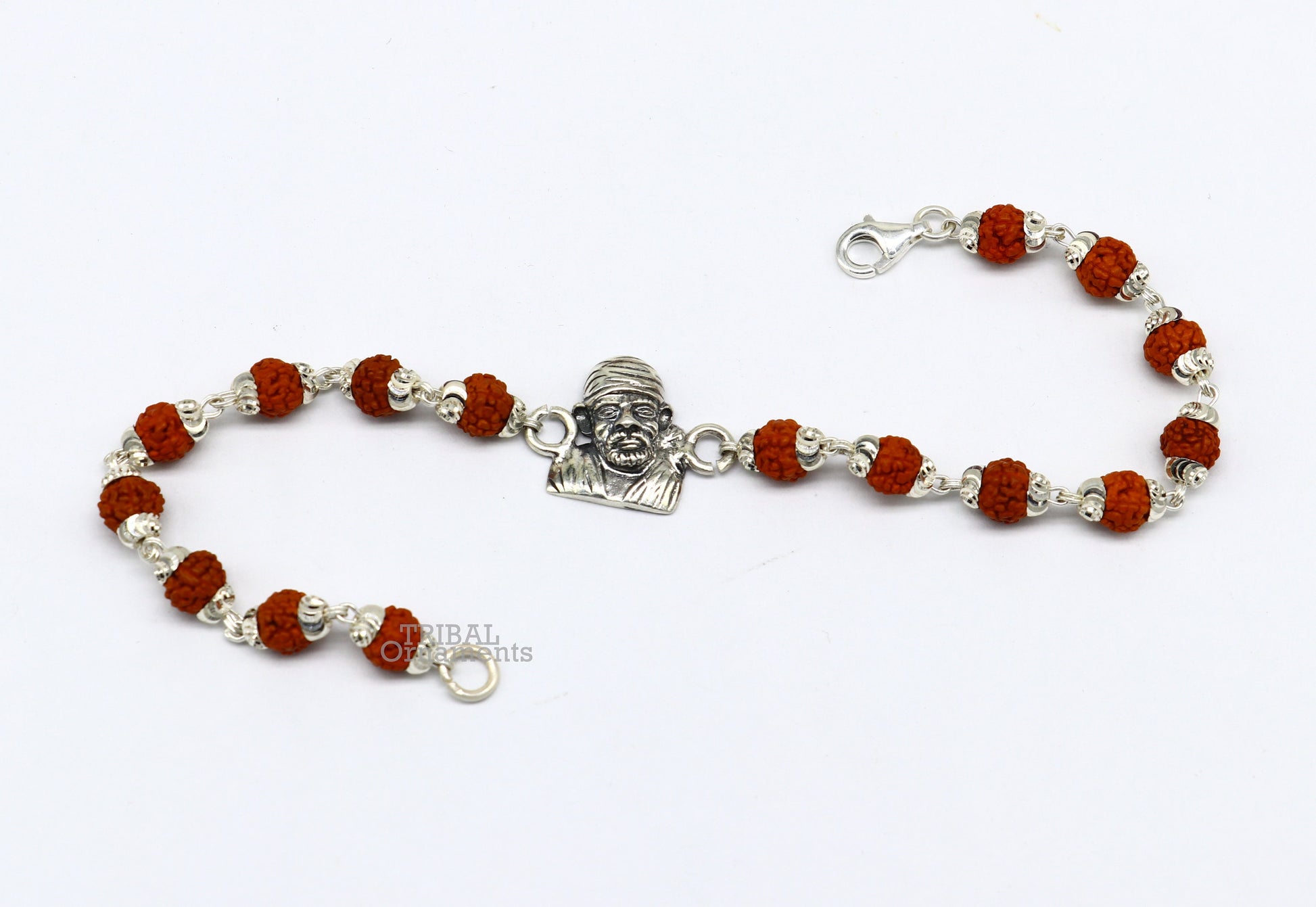 925 sterling silver handmade Sai baba design rakhi bracelet, available in rudraksha, black basil tulsi or silver beaded bracelet rk234 - TRIBAL ORNAMENTS