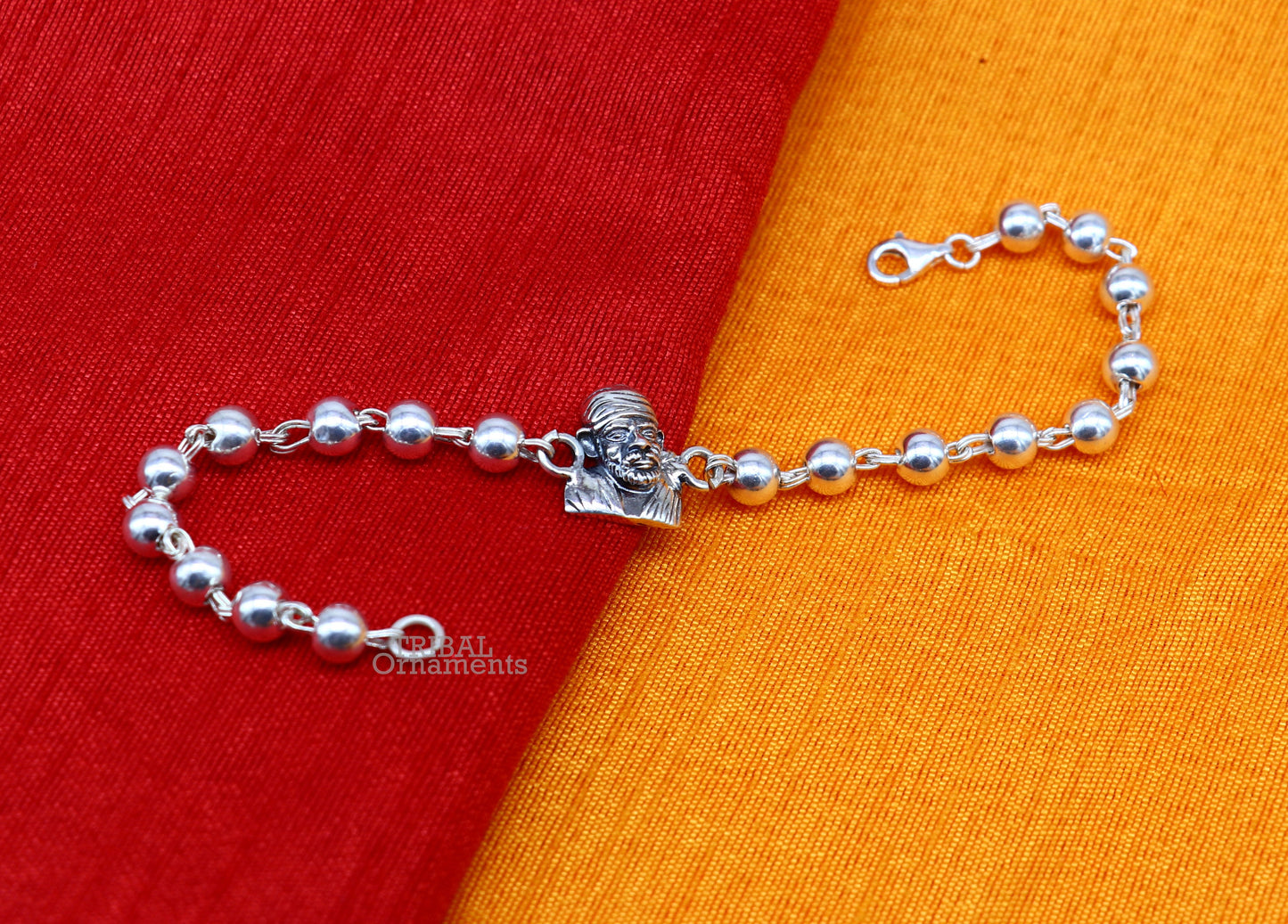 925 sterling silver handmade Sai baba design rakhi bracelet, available in rudraksha, black basil tulsi or silver beaded bracelet rk234 - TRIBAL ORNAMENTS