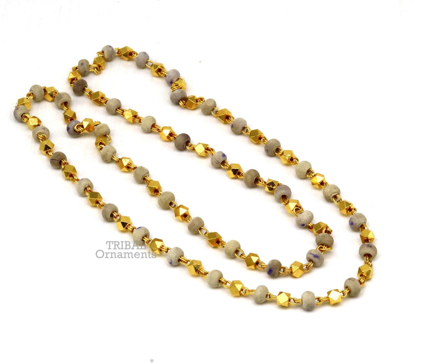 Sterling silver handmade wooden beads basil rosary beads silver chain over gold polished necklace, tulsi mala customized necklace ch160 - TRIBAL ORNAMENTS