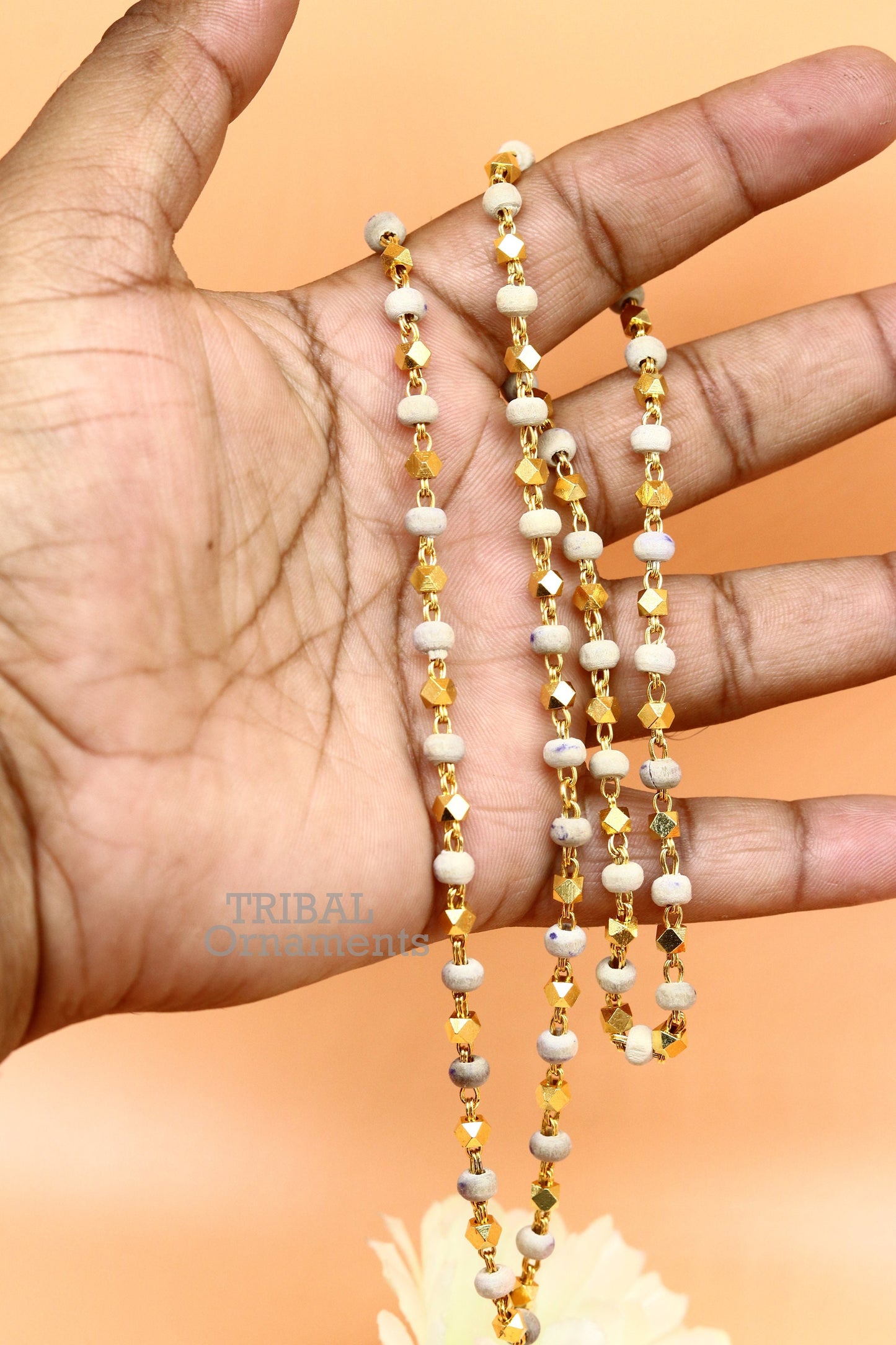 Sterling silver handmade wooden beads basil rosary beads silver chain over gold polished necklace, tulsi mala customized necklace ch160 - TRIBAL ORNAMENTS