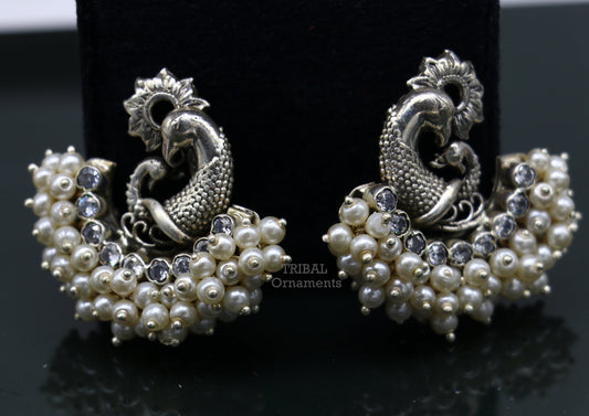 925 sterling silver handmade gorgeous peacock design stud earring with gorgeous cut stone and pearl customized earring tribal jewelry s1033 - TRIBAL ORNAMENTS