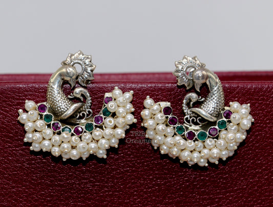 925 sterling silver handmade peacock design stud earring gorgeous multi color cut stone and pearl customized earring tribal jewelry s1035 - TRIBAL ORNAMENTS