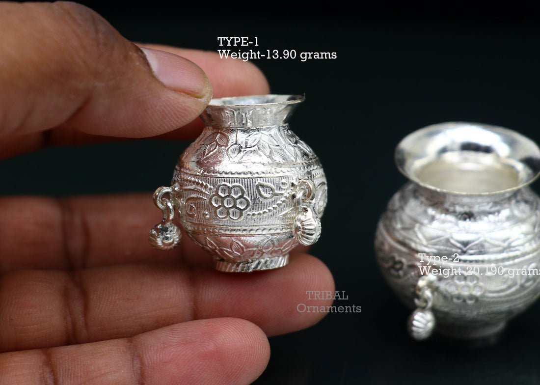 Pure 925 sterling silver handmade plain small Kalash or pot, unique special silver puja article, water or milk kalash pot india su760 - TRIBAL ORNAMENTS