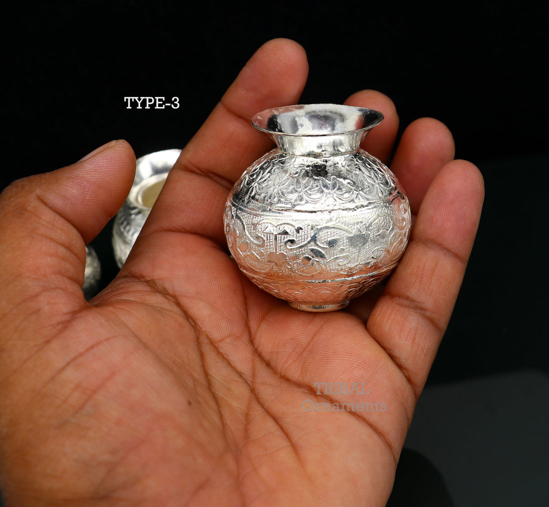 Pure 925 sterling silver handmade plain small Kalash or pot, unique special silver puja article, water or milk kalash pot india su761 - TRIBAL ORNAMENTS