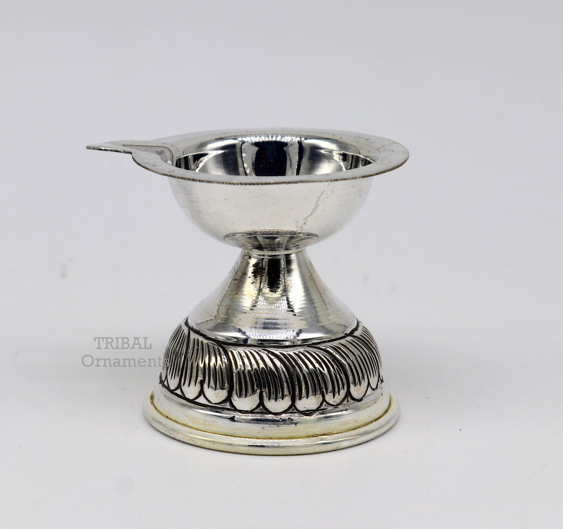 925 sterling silver customized chitai work kandrai work design oil lamp, silver Deepak, silver temple article, puja utensils art su766 - TRIBAL ORNAMENTS