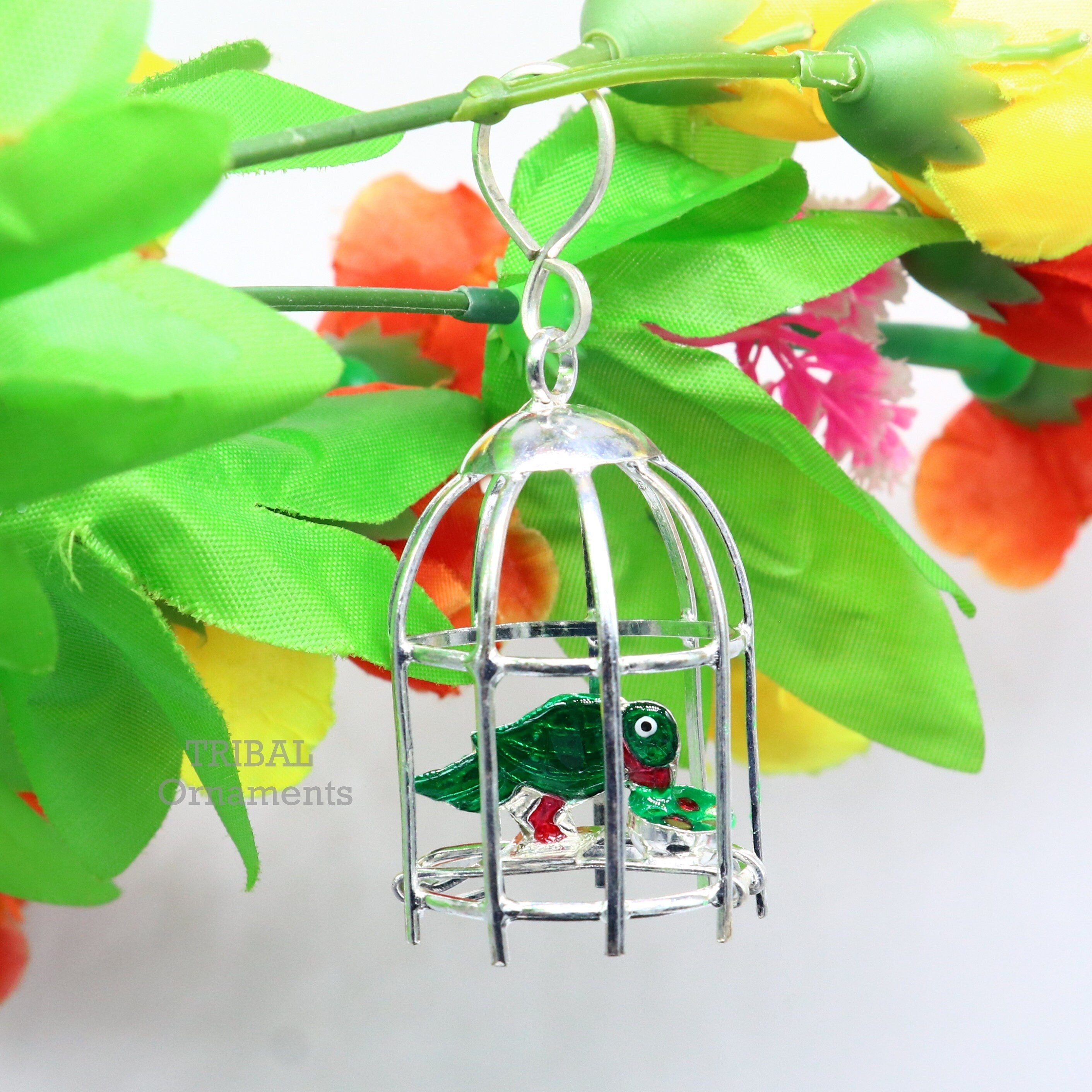 Solid sterling silver handmade toy for idol krishna, silver parrot and cage, silver article for gifting to 2024 God or idol Krishna su768