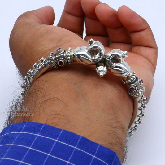 925 Sterling silver handmade vintage peacock design cubic zircon stone tribal ethnic belly dance bangle bracelet gifting kada nsk490 - TRIBAL ORNAMENTS