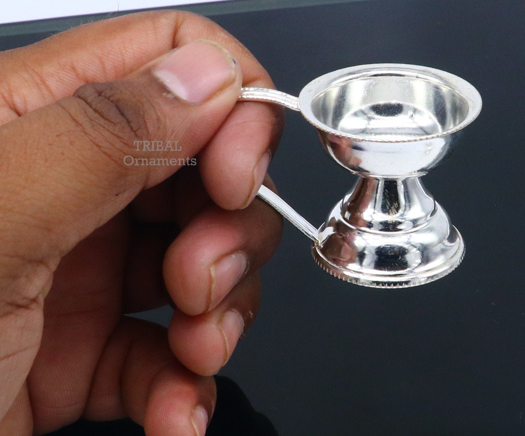Solid silver handmade elegant kappor arti lamp , silver home temple utensils, silver diya, deepak, silver single joth kapoor Aarti art su781 - TRIBAL ORNAMENTS