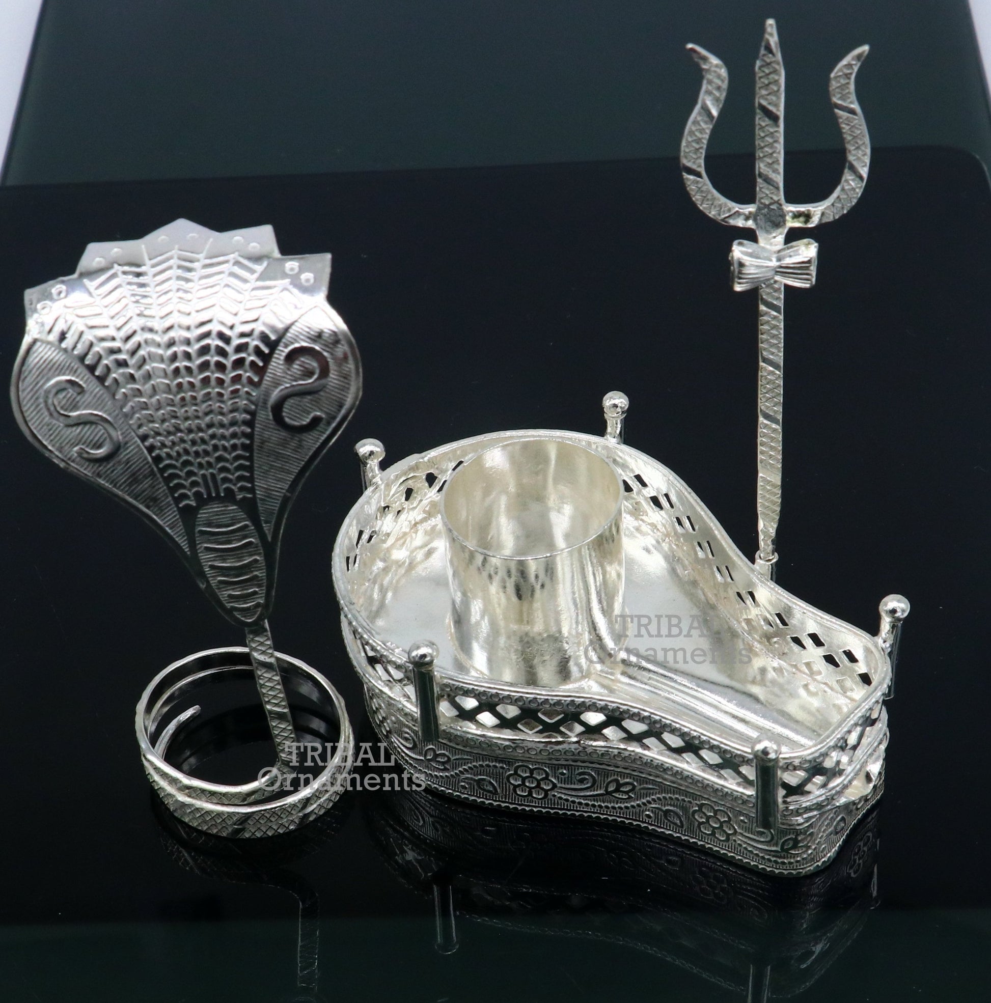 925 sterling silver handmade lord shiva lingam stand/ jalheri with panchmukhi snake (5 face snake) and trident mahakal lingam stand su787 - TRIBAL ORNAMENTS