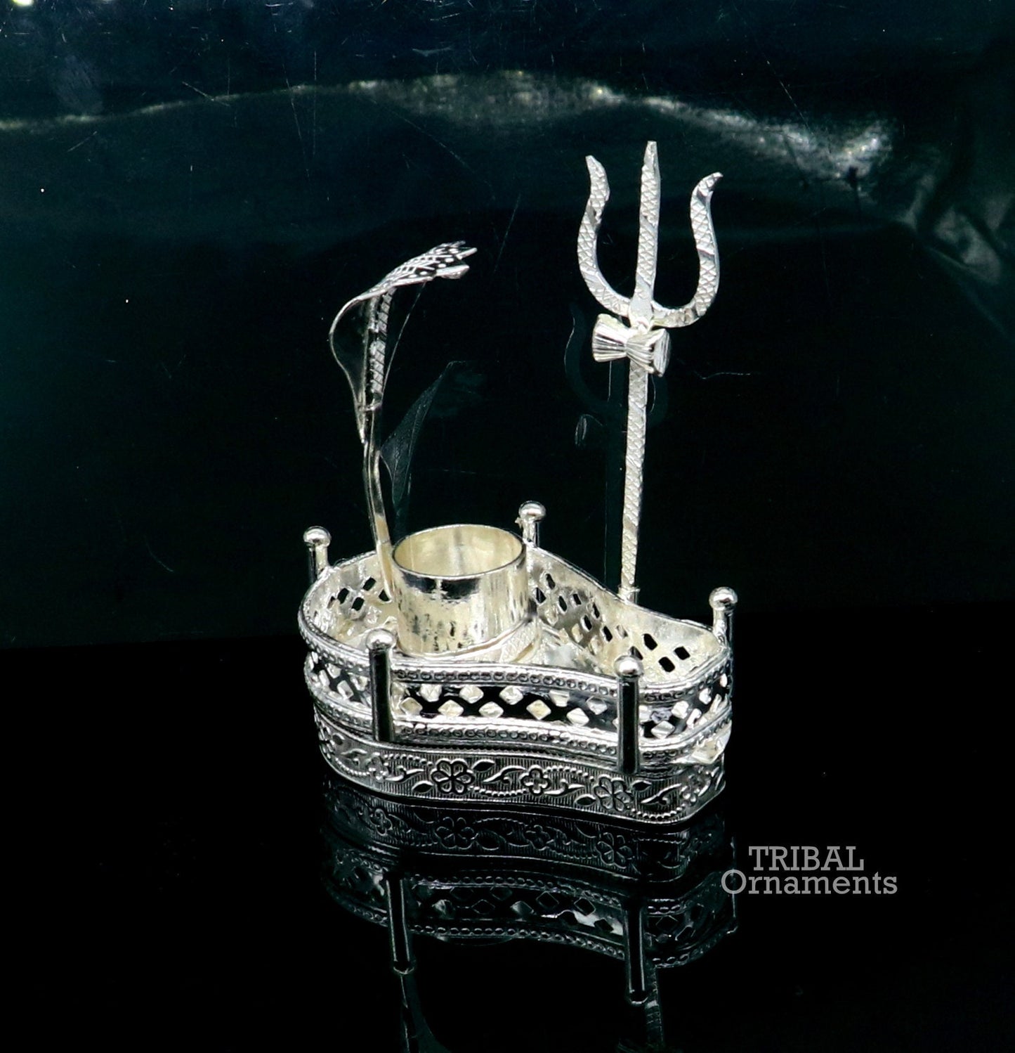 925 sterling silver handmade lord shiva lingam stand/ jalheri with panchmukhi snake (5 face snake) and trident mahakal lingam stand su790 - TRIBAL ORNAMENTS