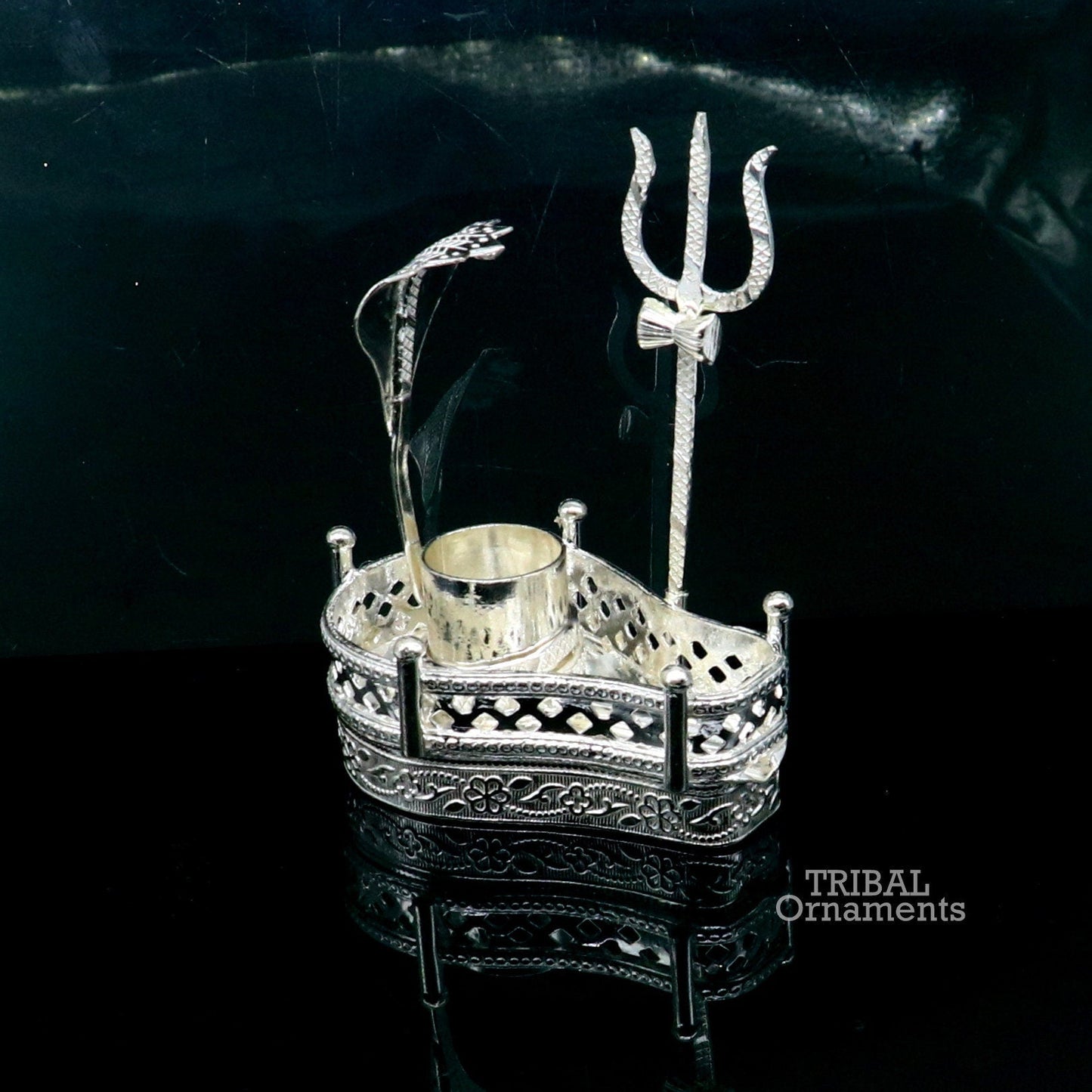 925 sterling silver handmade lord shiva lingam stand/ jalheri with panchmukhi snake (5 face snake) and trident mahakal lingam stand su790 - TRIBAL ORNAMENTS