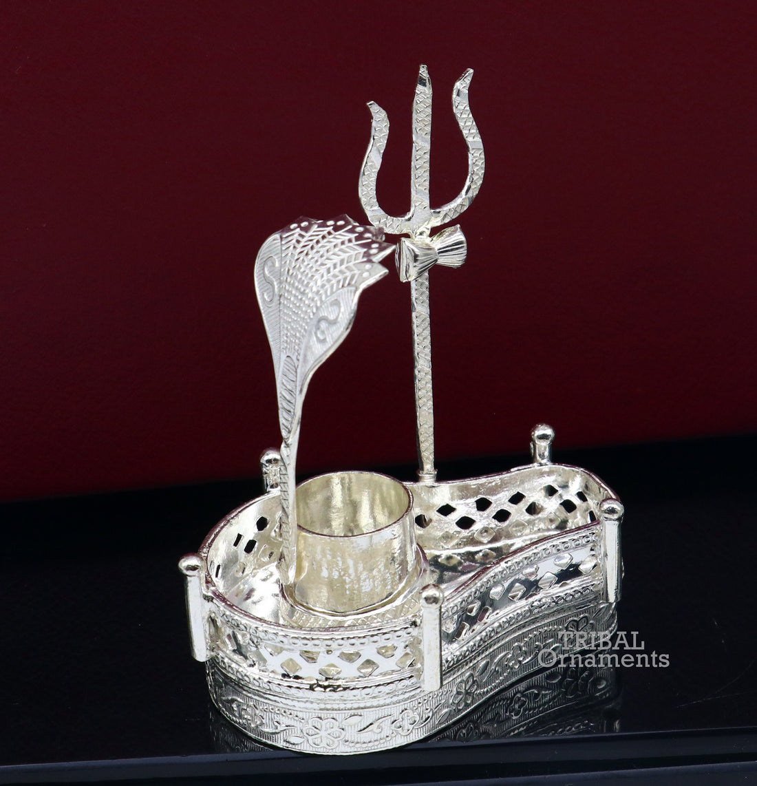 925 sterling silver handmade lord shiva lingam stand/ jalheri with panchmukhi snake (5 face snake) and trident mahakal lingam stand su790 - TRIBAL ORNAMENTS