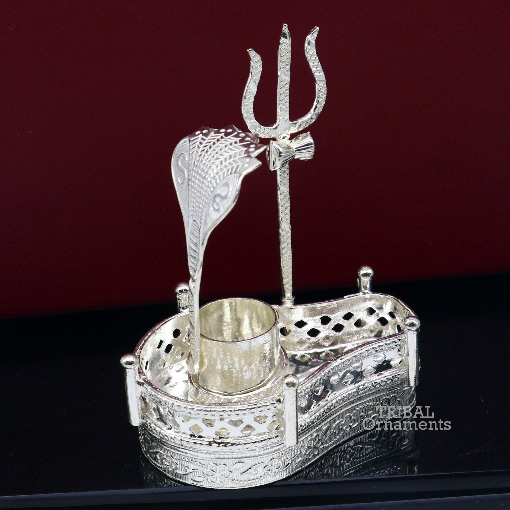 925 sterling silver handmade lord shiva lingam stand/ jalheri with panchmukhi snake (5 face snake) and trident mahakal lingam stand su790 - TRIBAL ORNAMENTS