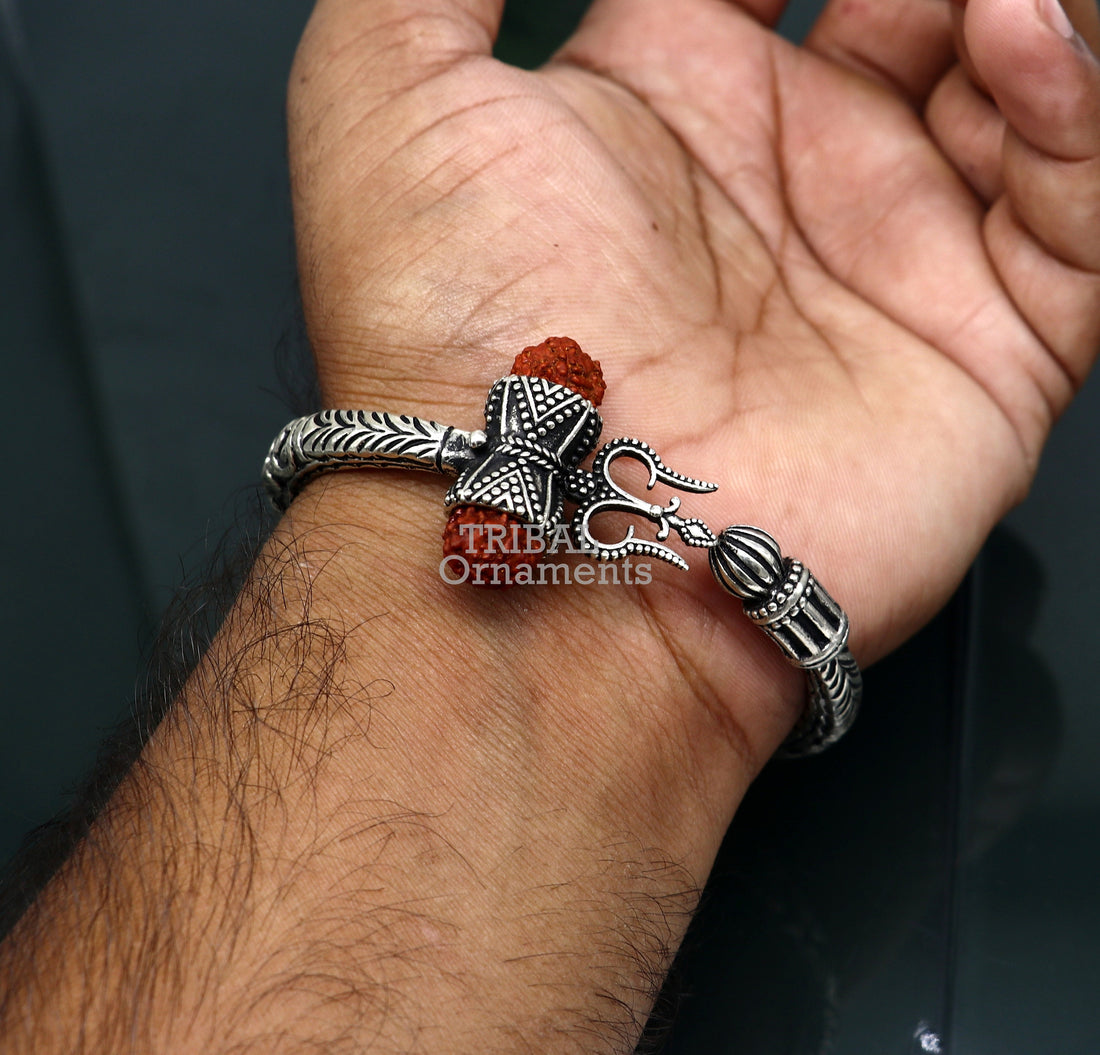 Divine Lord Shiva trident trishul trishool kada 925 Sterling silver handmade bangle bracelet with natural Rudraksha magical  kada nsk492 - TRIBAL ORNAMENTS