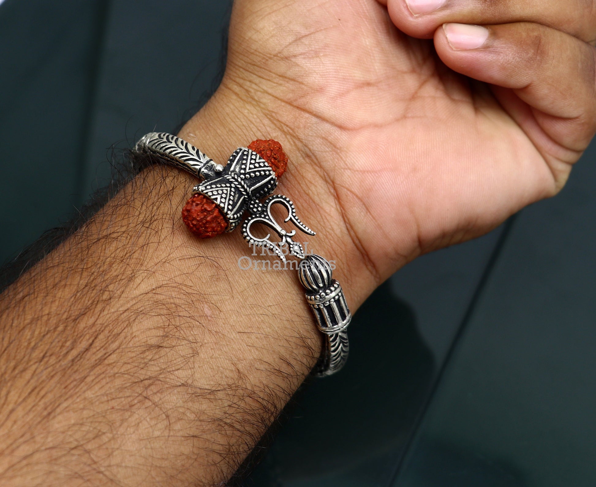 Divine Lord Shiva trident trishul trishool kada 925 Sterling silver handmade bangle bracelet with natural Rudraksha magical  kada nsk492 - TRIBAL ORNAMENTS