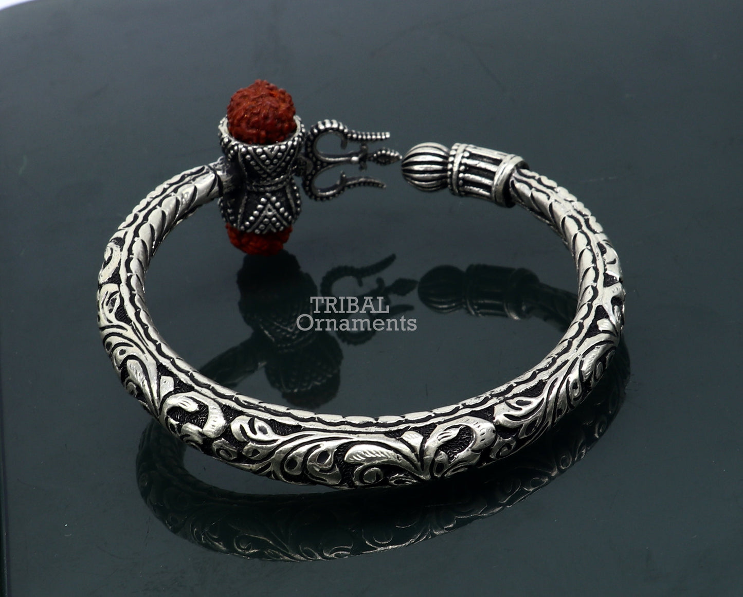 Divine Lord Shiva trident trishul trishool kada 925 Sterling silver handmade bangle bracelet with natural Rudraksha magical  kada nsk492 - TRIBAL ORNAMENTS