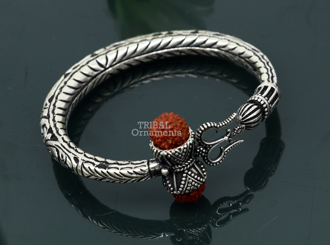 Divine Lord Shiva trident trishul trishool kada 925 Sterling silver handmade bangle bracelet with natural Rudraksha magical  kada nsk492 - TRIBAL ORNAMENTS