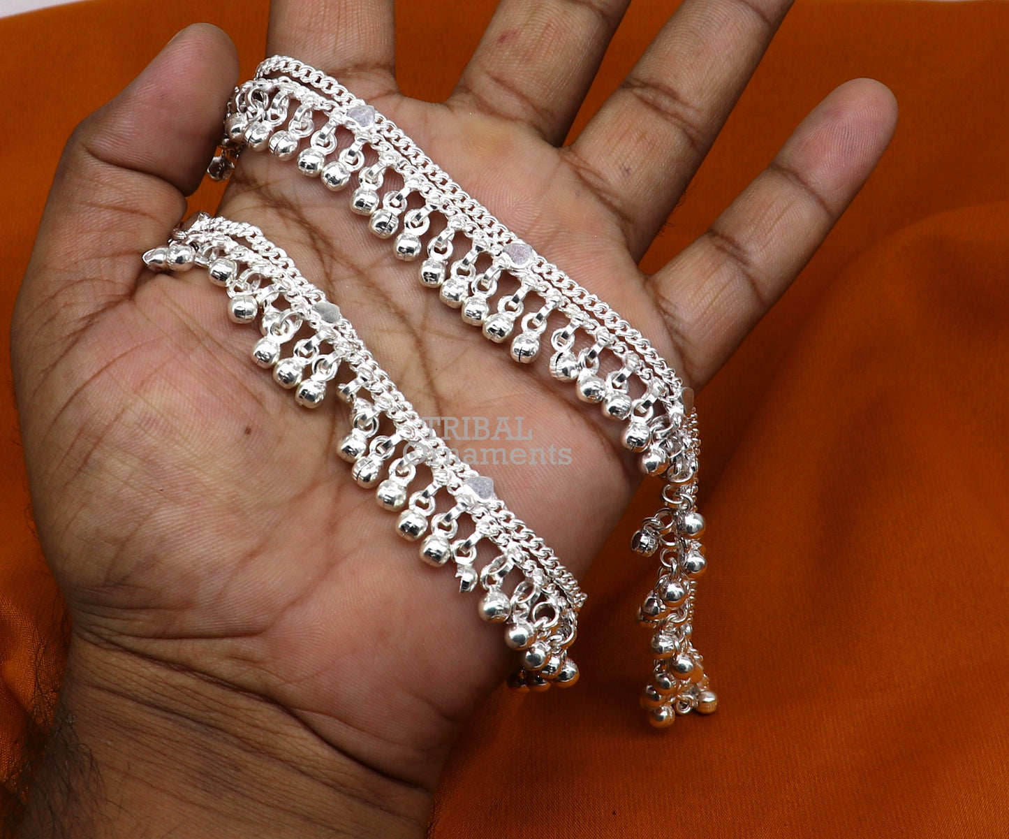 9.5" Long handmade sterling silver amazing noisy bells ankle bracelet, gorgeous charm anklets customized belly dance gifting jewelry ank468 - TRIBAL ORNAMENTS