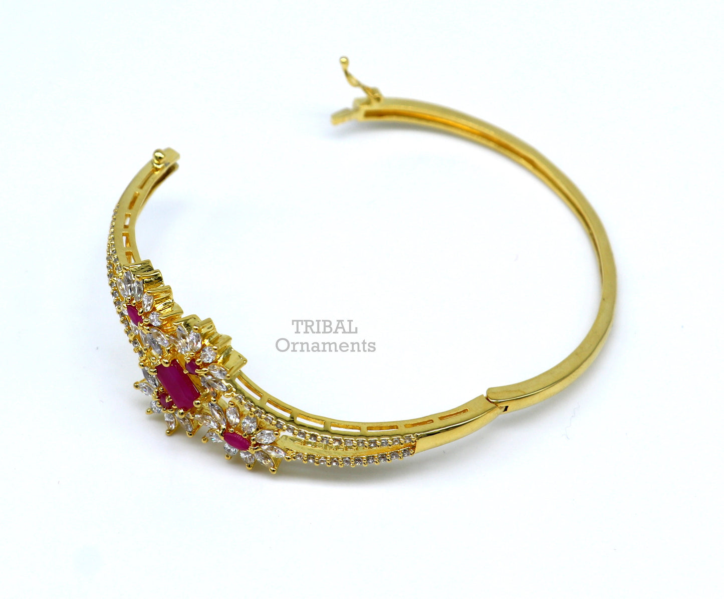 925 sterling silver gold polished handmade amazing cubic zircon stone cuff bangle bracelet kada customized girl's jewelry cuff83 - TRIBAL ORNAMENTS