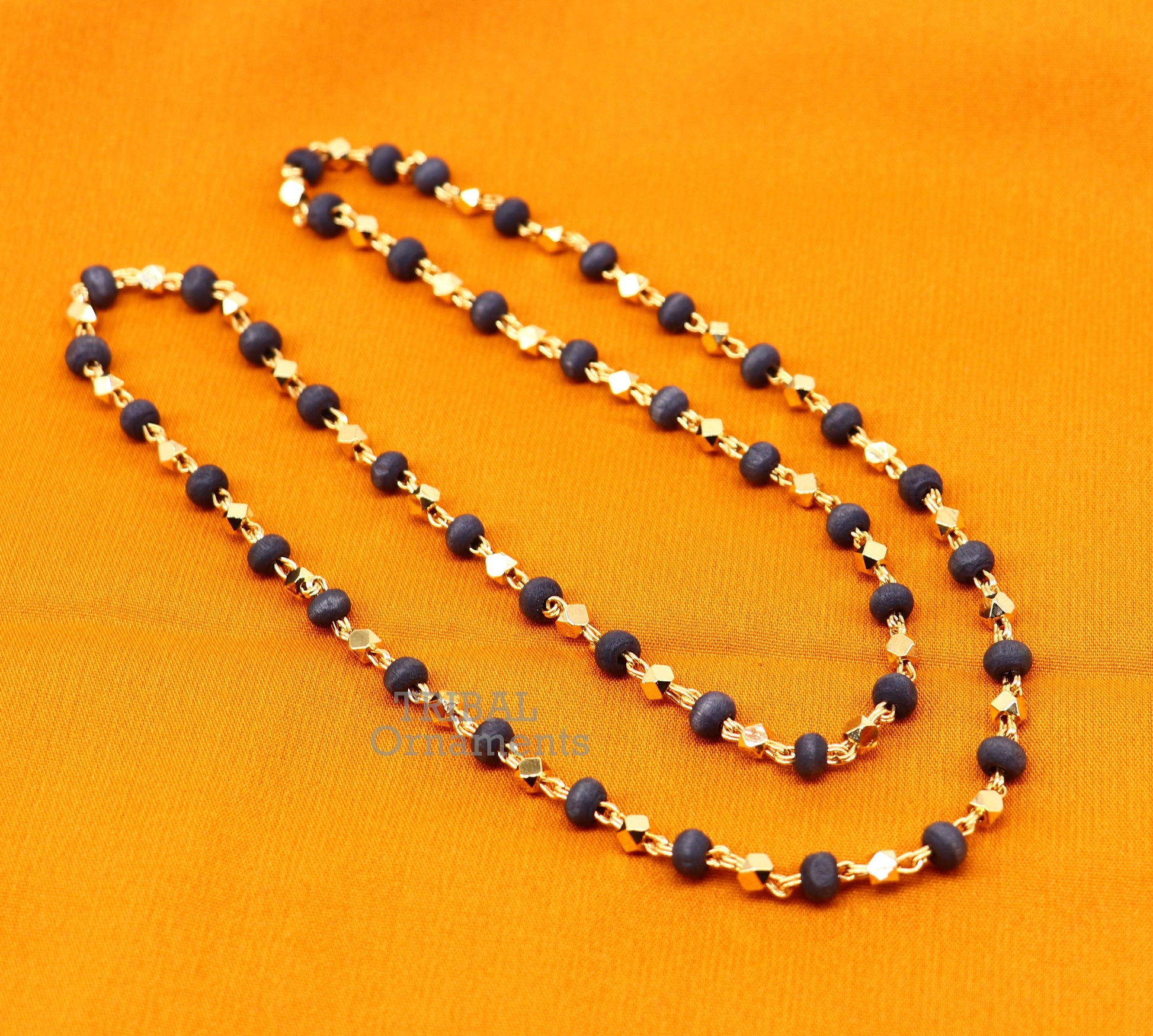 Sterling silver handmade wooden beads basil rosary beads silver chain over gold polished, black tulsi mala customized necklace ch161 - TRIBAL ORNAMENTS