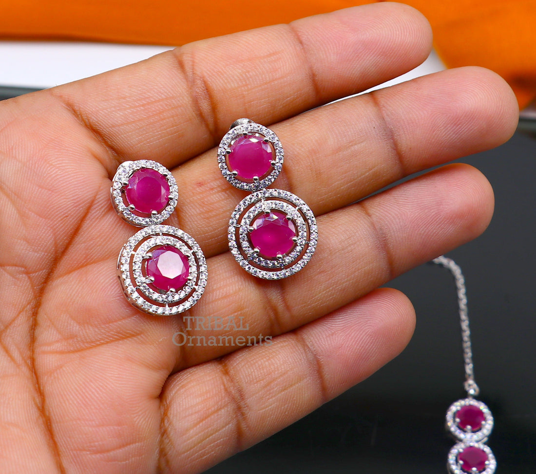 925 sterling silver handmade gorgeous pink cubic zircon stone work necklace, wedding brides charm customized jewelry set449 - TRIBAL ORNAMENTS