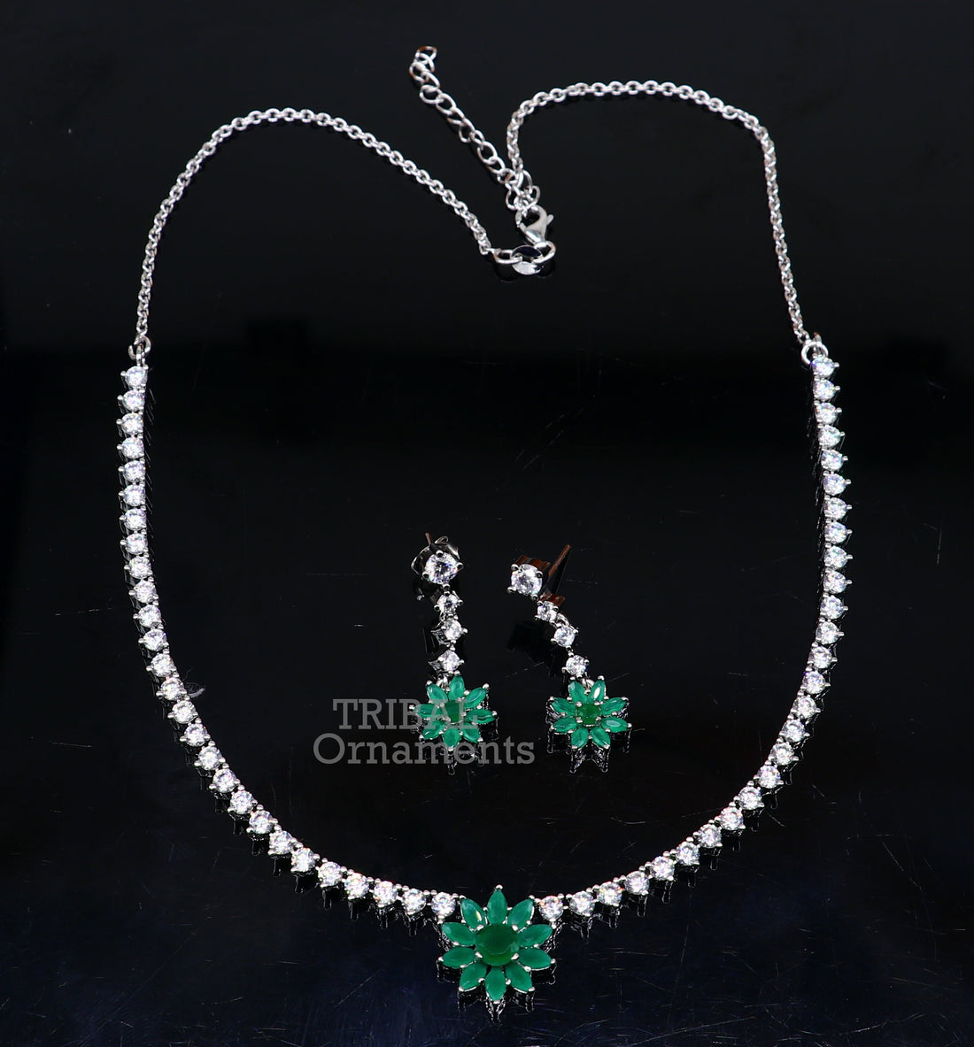 925 sterling silver handmade gorgeous green stone cubic zircon stone work necklace, wedding brides charm customized jewelry set450 - TRIBAL ORNAMENTS