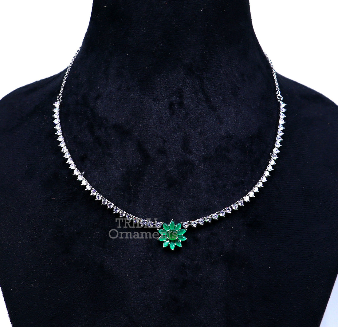 925 sterling silver handmade gorgeous green stone cubic zircon stone work necklace, wedding brides charm customized jewelry set450 - TRIBAL ORNAMENTS