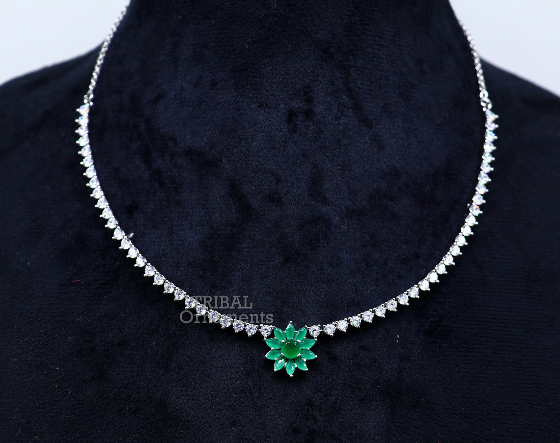 925 sterling silver handmade gorgeous green stone cubic zircon stone work necklace, wedding brides charm customized jewelry set450 - TRIBAL ORNAMENTS