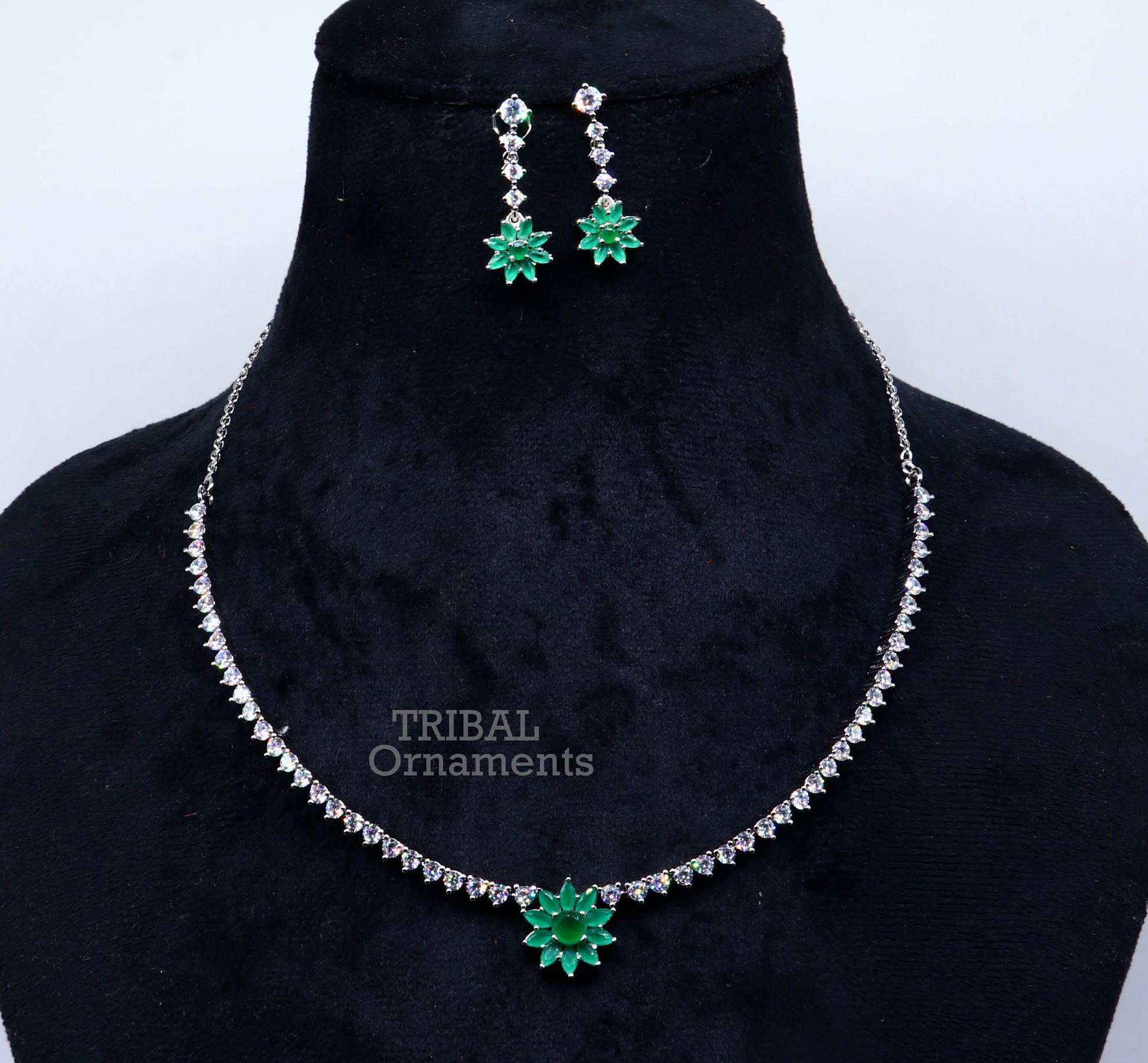 925 sterling silver handmade gorgeous green stone cubic zircon stone work necklace, wedding brides charm customized jewelry set450 - TRIBAL ORNAMENTS