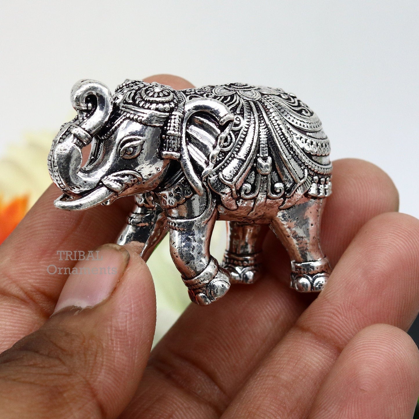 Sterling silver handmade design customized upper trunk Elephant statue, puja article figurine, home décor Diwali puja gift art539 - TRIBAL ORNAMENTS