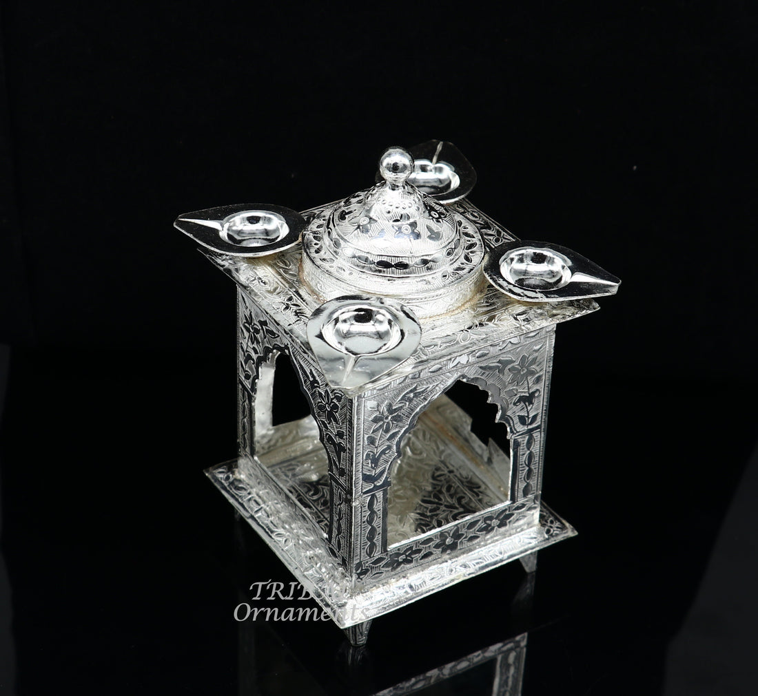 925 sterling silver handmade vintage design chattri temple lamp best puja article with 4 lamp on it, best home temple decor utensils su810 - TRIBAL ORNAMENTS