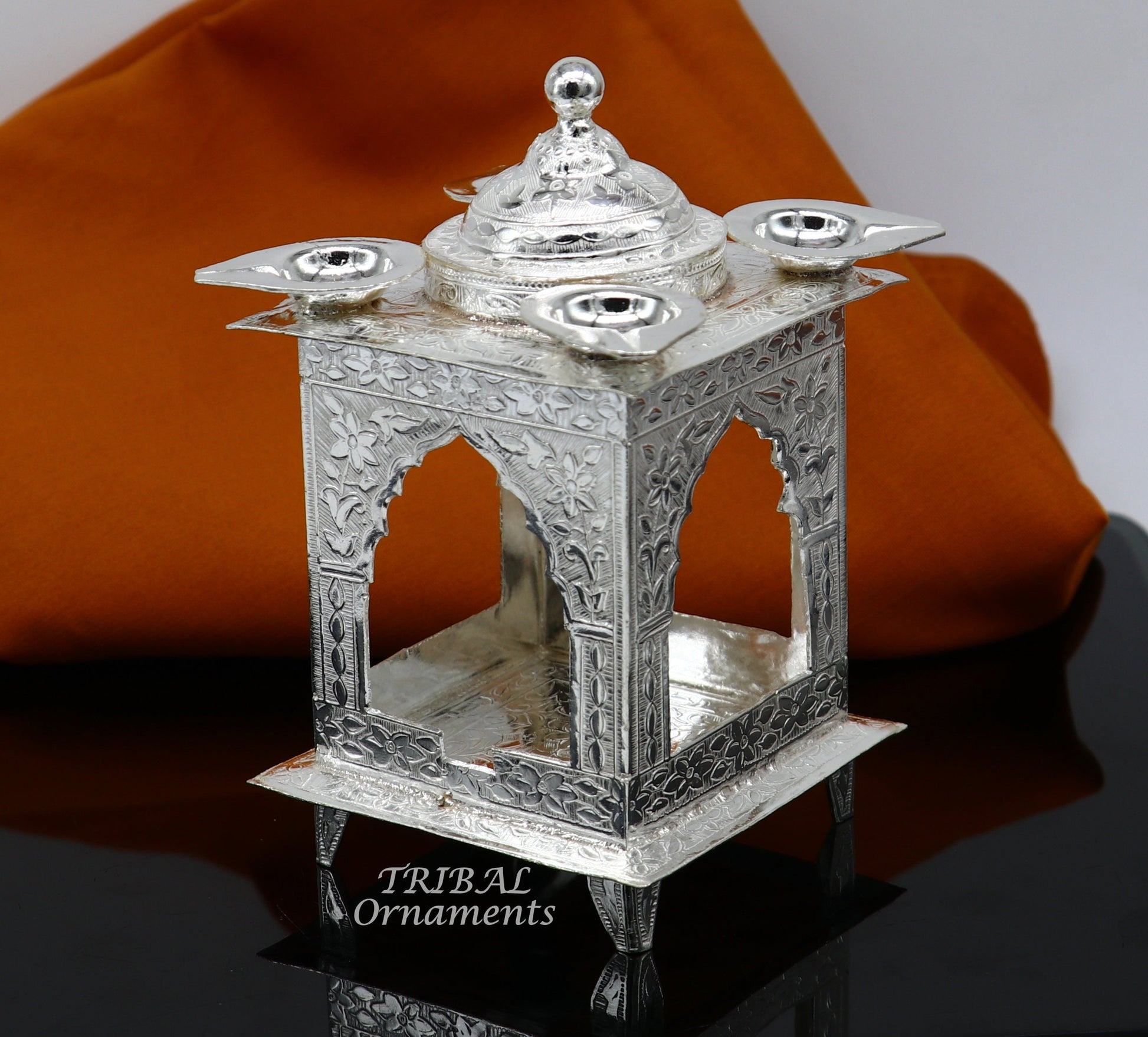 925 sterling silver handmade vintage design chattri temple lamp best puja article with 4 lamp on it, best home temple decor utensils su810 - TRIBAL ORNAMENTS