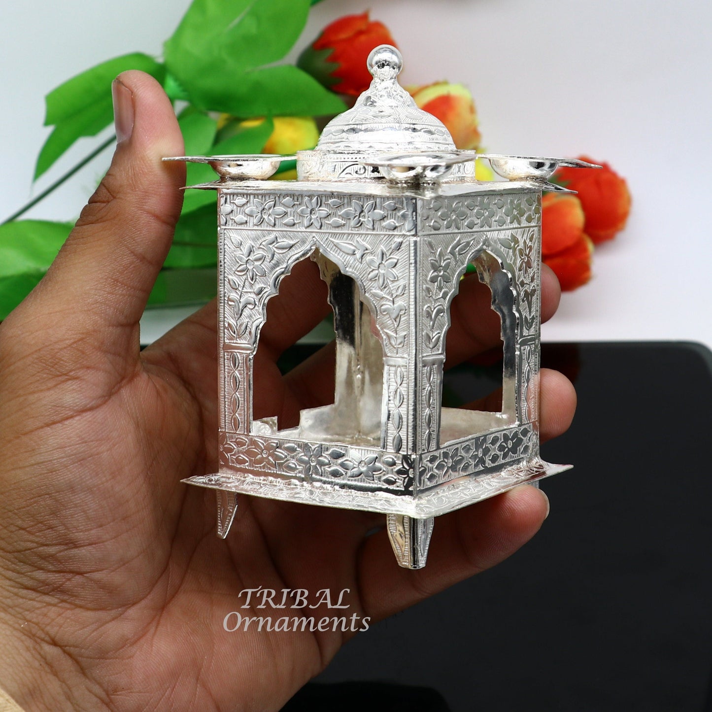 925 sterling silver handmade vintage design chattri temple lamp best puja article with 4 lamp on it, best home temple decor utensils su810 - TRIBAL ORNAMENTS