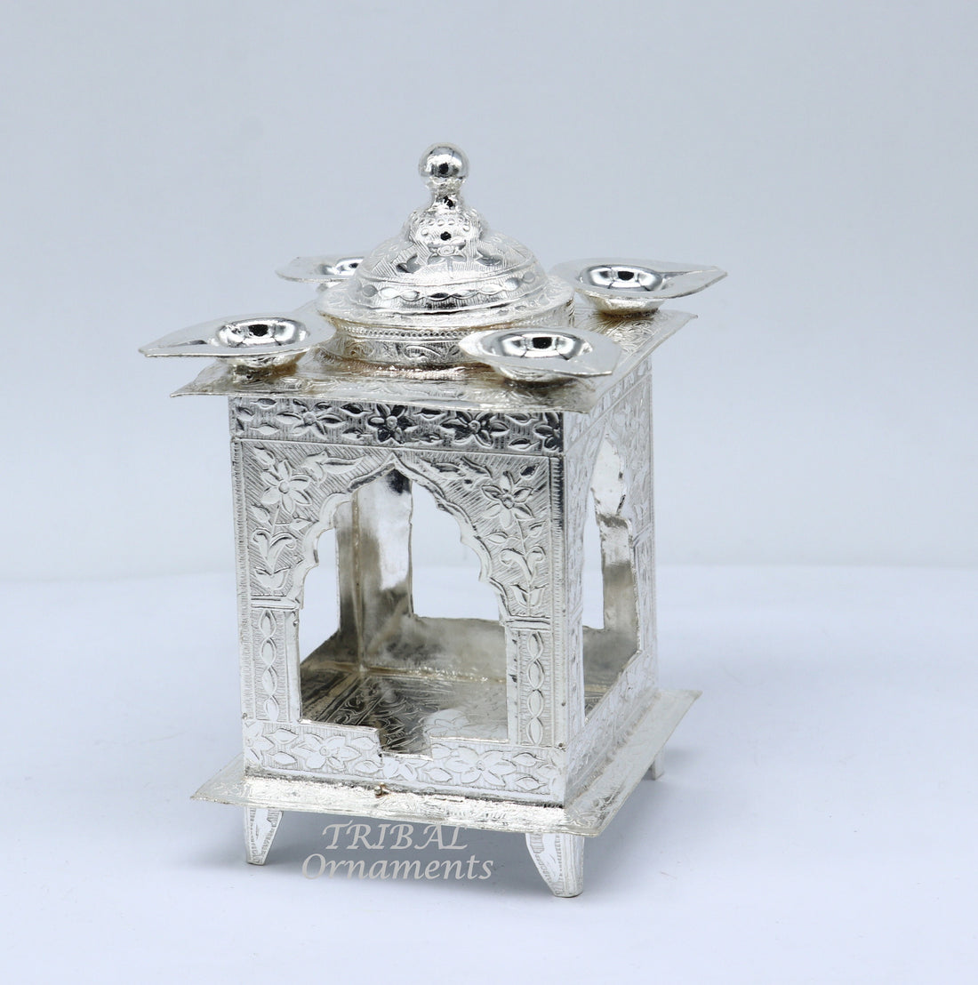 925 sterling silver handmade vintage design chattri temple lamp best puja article with 4 lamp on it, best home temple decor utensils su810 - TRIBAL ORNAMENTS