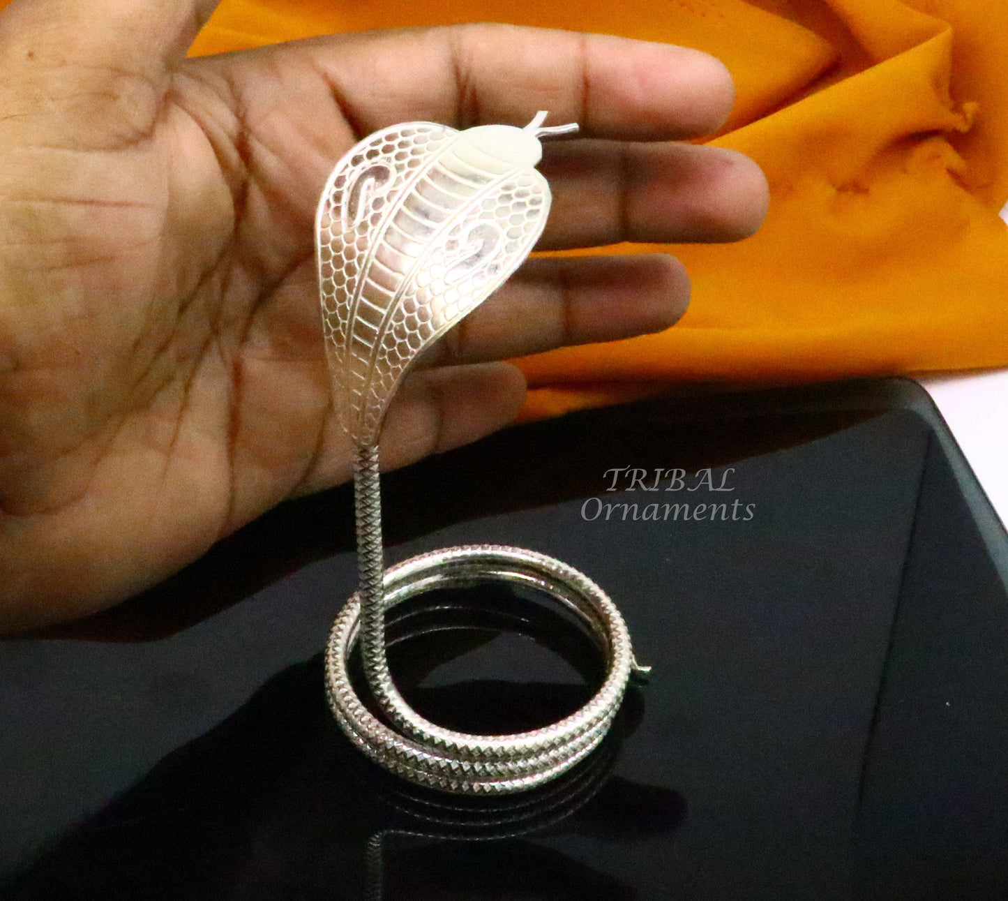 4.2" Shiva Snake Solid silver handmade Divine vintage style snake or shiva snake for puja or worshipping, solid Diwali puja article su811 - TRIBAL ORNAMENTS