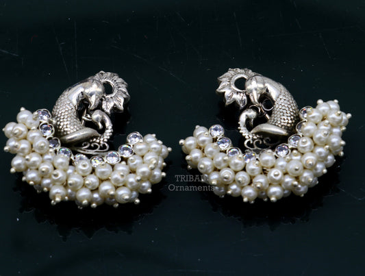 925 sterling silver handmade gorgeous peacock design stud earring with gorgeous cut stone and pearl customized earring tribal jewelry s1033 - TRIBAL ORNAMENTS