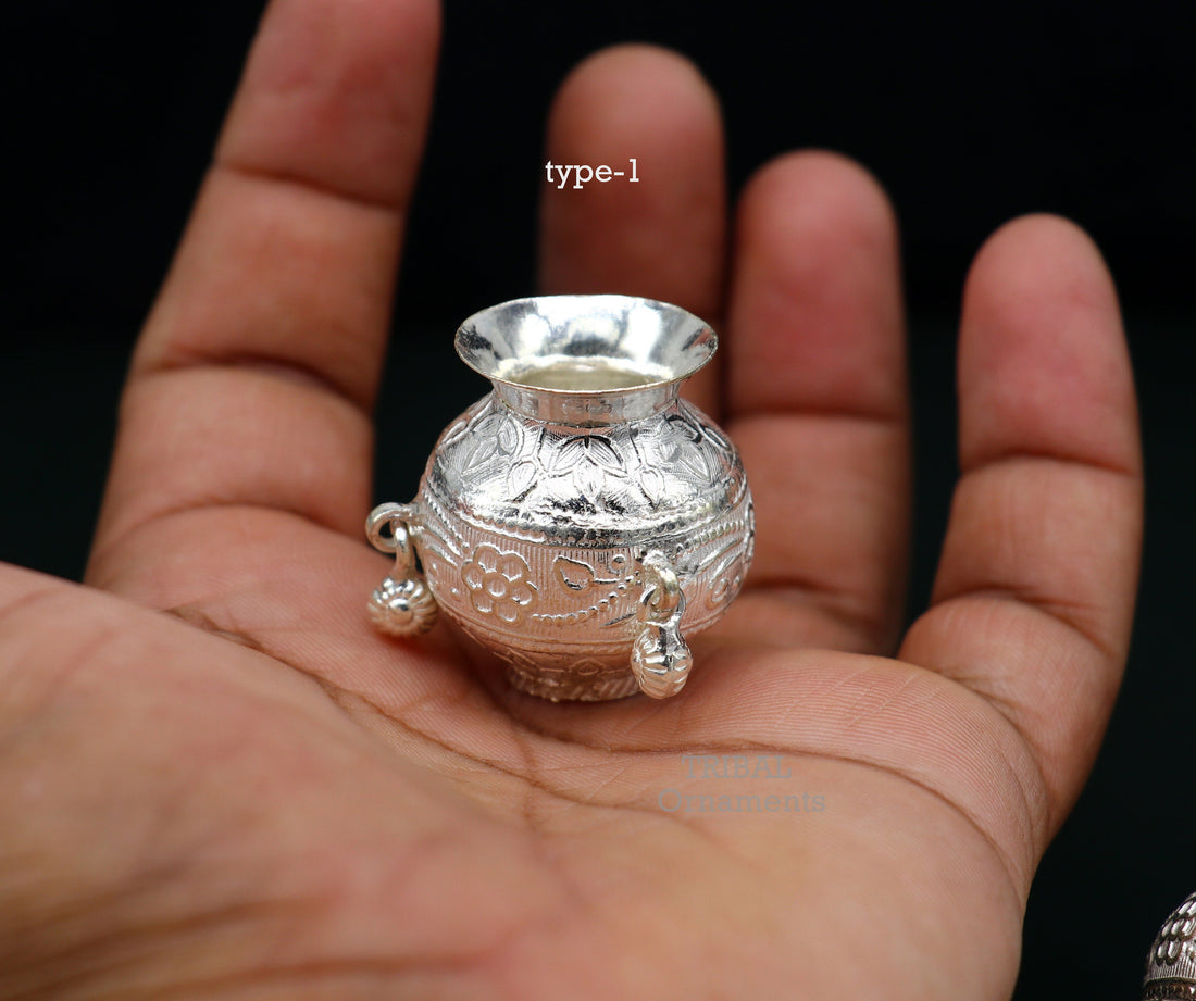 Pure 925 sterling silver handmade plain small Kalash or pot, unique special silver puja article, water or milk kalash pot india su760 - TRIBAL ORNAMENTS