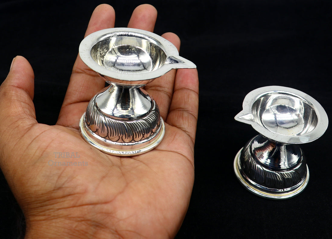 925 sterling silver customized chitai work kandrai work design oil lamp, silver Deepak, silver temple article, puja utensils art su766 - TRIBAL ORNAMENTS