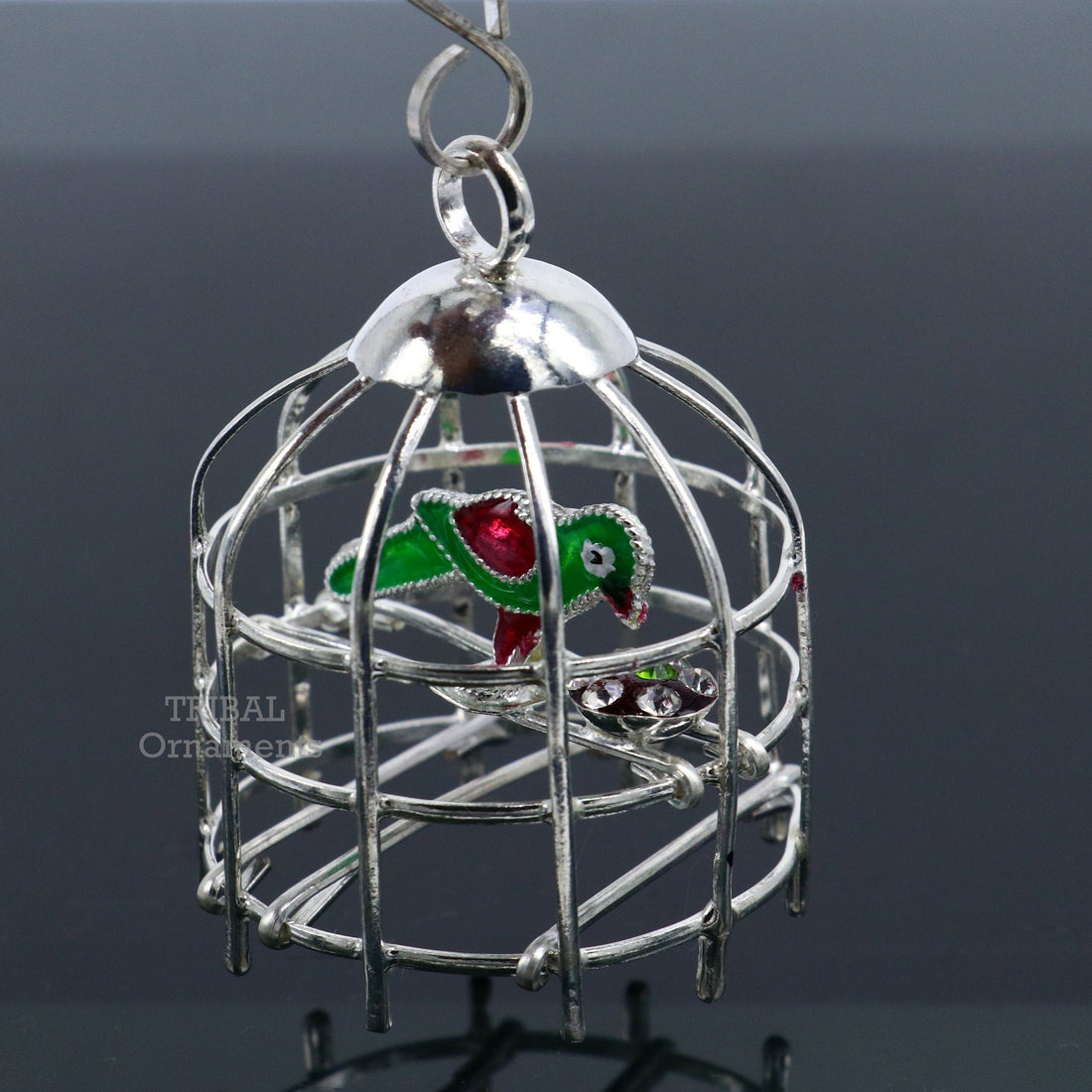 Solid sterling silver handmade toy for idol krishna, silver parrot and cage, silver article for gifting to God or idol Krishna  su767 - TRIBAL ORNAMENTS