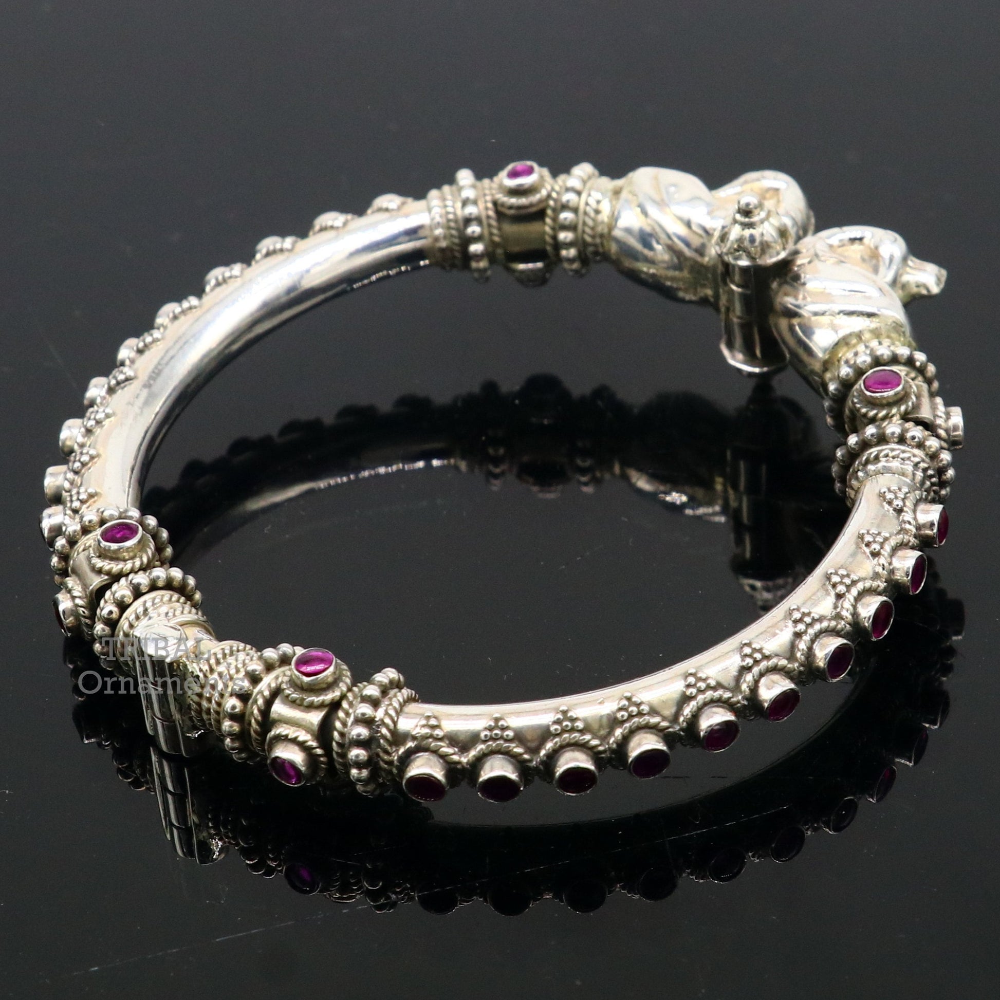 925 Sterling silver handmade vintage peacock design cubic zircon stone tribal ethnic belly dance bangle bracelet gifting kada nsk489 - TRIBAL ORNAMENTS