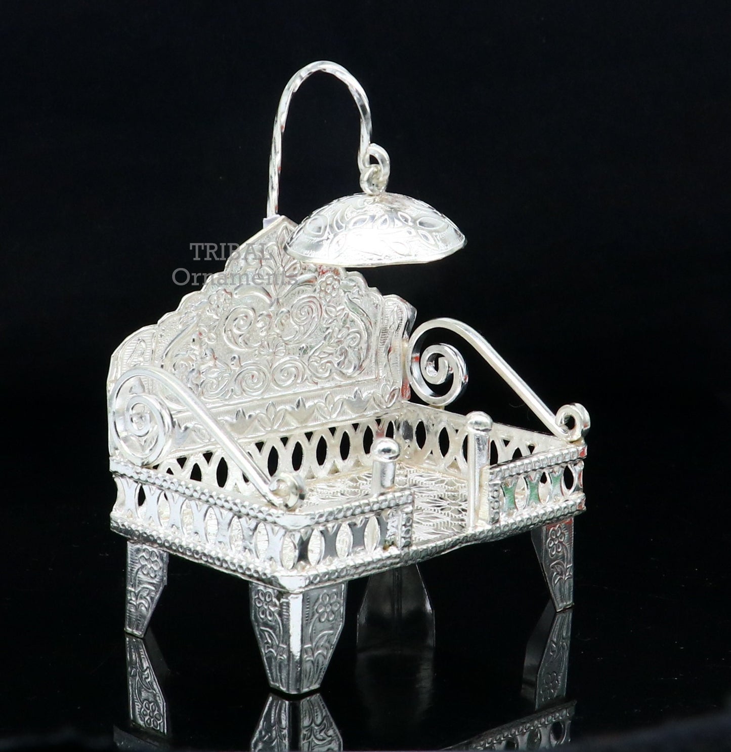 925 pure sterling silver handcrafted small singhasan, idol krishna Bal Gopala throne, god statue's stand chair, temple puja article su782 - TRIBAL ORNAMENTS