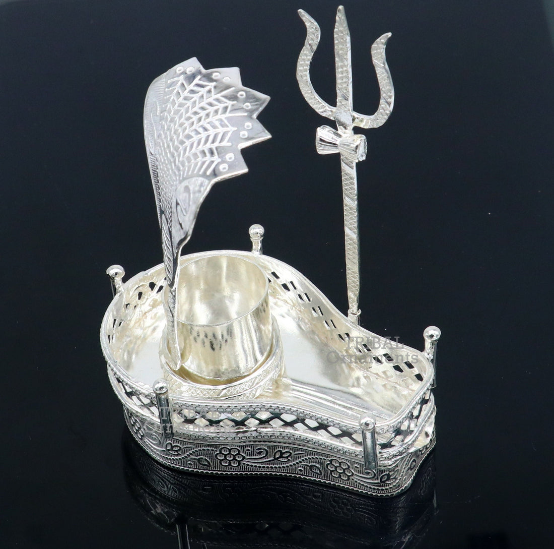 925 sterling silver handmade lord shiva lingam stand/ jalheri with panchmukhi snake (5 face snake) and trident mahakal lingam stand su787 - TRIBAL ORNAMENTS