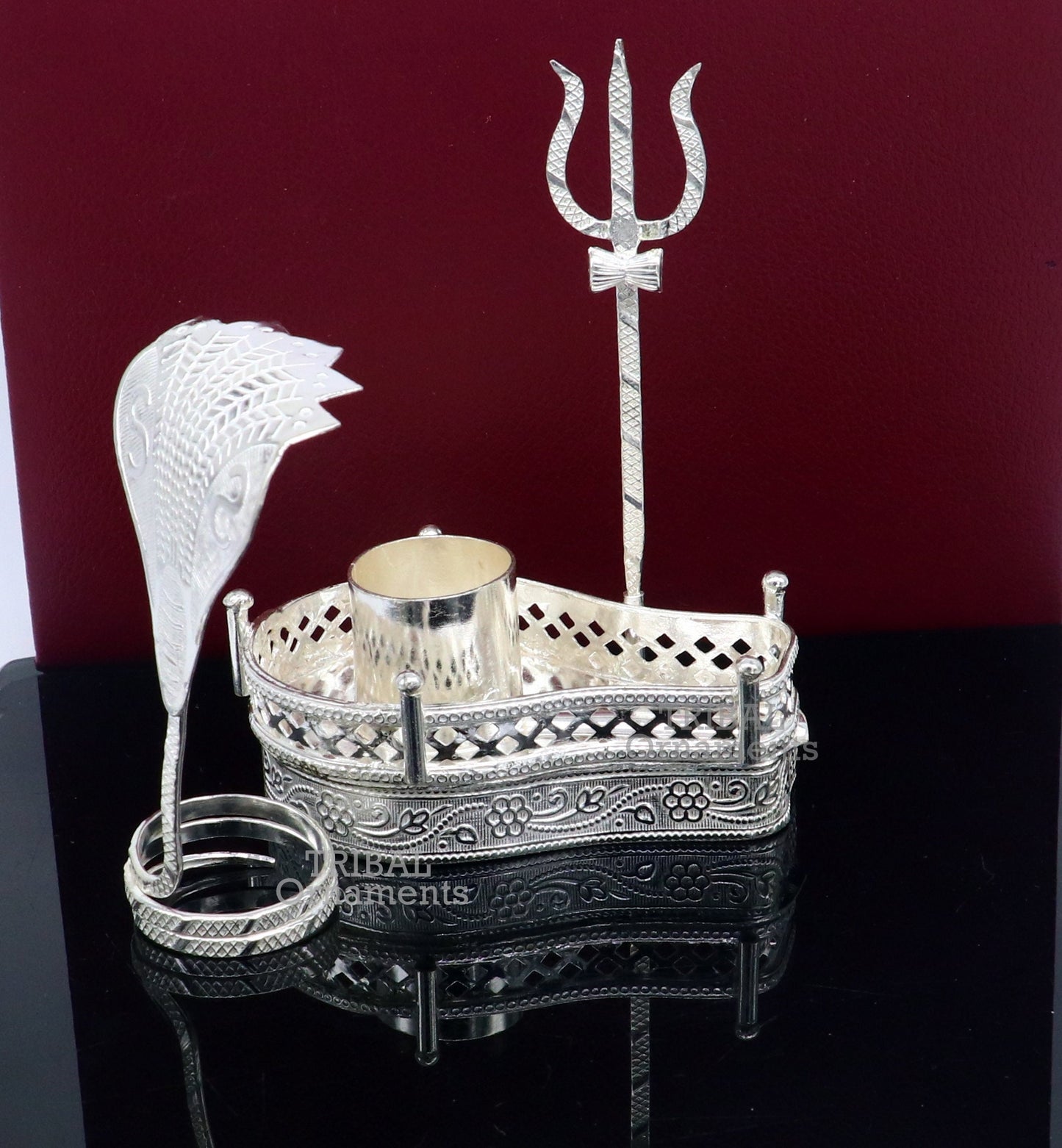 925 sterling silver handmade lord shiva lingam stand/ jalheri with panchmukhi snake (5 face snake) and trident mahakal lingam stand su787 - TRIBAL ORNAMENTS