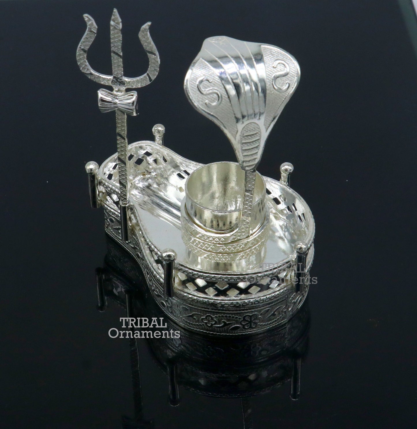 925 sterling silver handmade lord shiva lingam stand/ jalheri with snake  and trident mahakal lingam stand su788 - TRIBAL ORNAMENTS