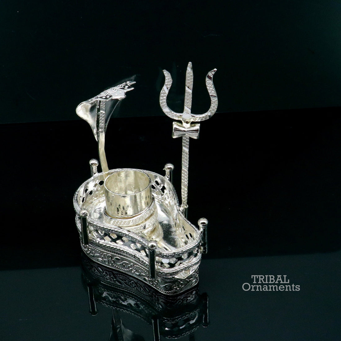 925 sterling silver handmade lord shiva lingam stand/ jalheri with panchmukhi snake (5 face snake) and trident mahakal lingam stand su790 - TRIBAL ORNAMENTS