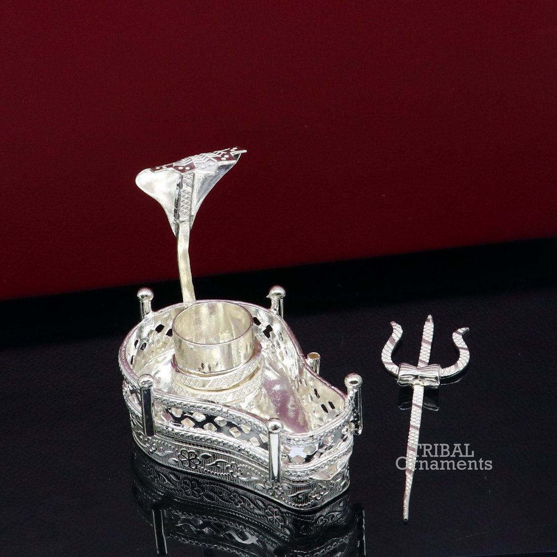 925 sterling silver handmade lord shiva lingam stand/ jalheri with panchmukhi snake (5 face snake) and trident mahakal lingam stand su790 - TRIBAL ORNAMENTS