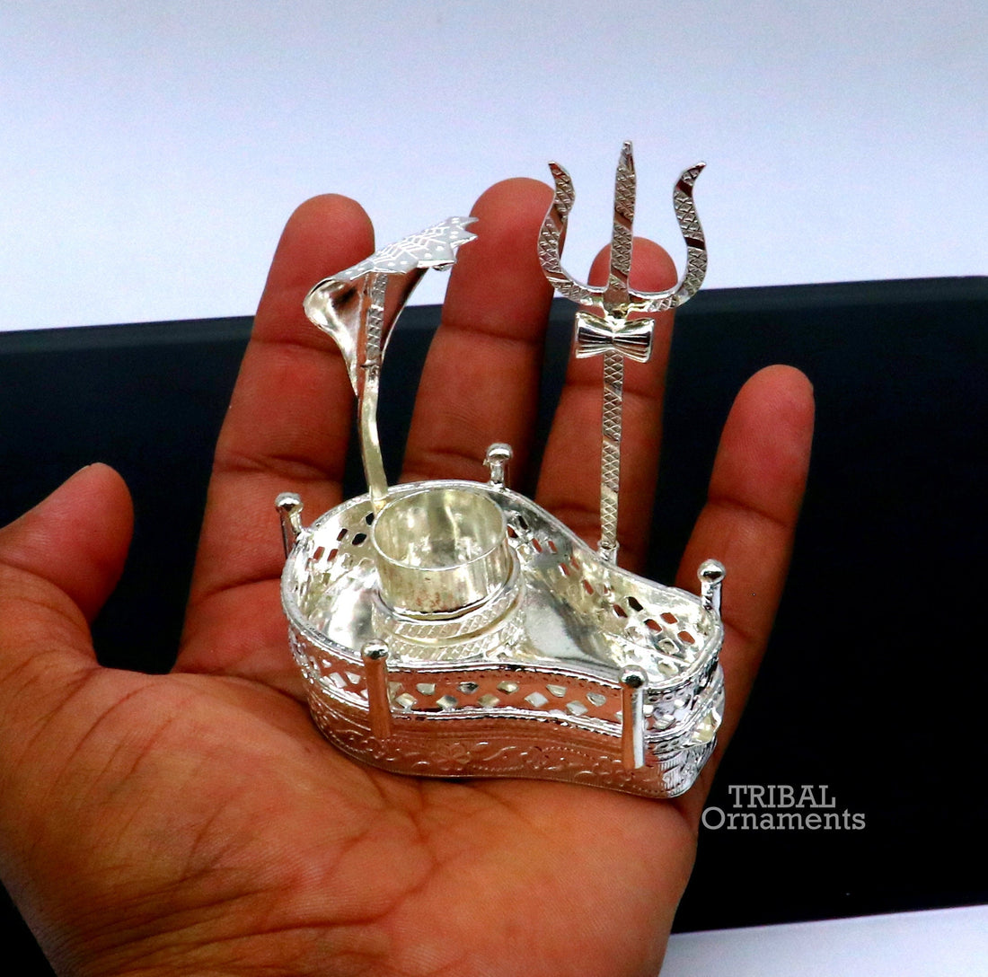 925 sterling silver handmade lord shiva lingam stand/ jalheri with panchmukhi snake (5 face snake) and trident mahakal lingam stand su790 - TRIBAL ORNAMENTS