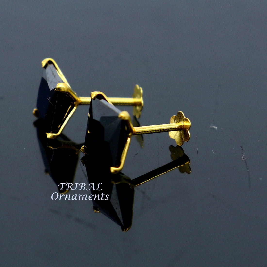 6mm 18kt yellow gold handmade single black stone back screw stud earring cartilage customized unisex jewelry er139 - TRIBAL ORNAMENTS