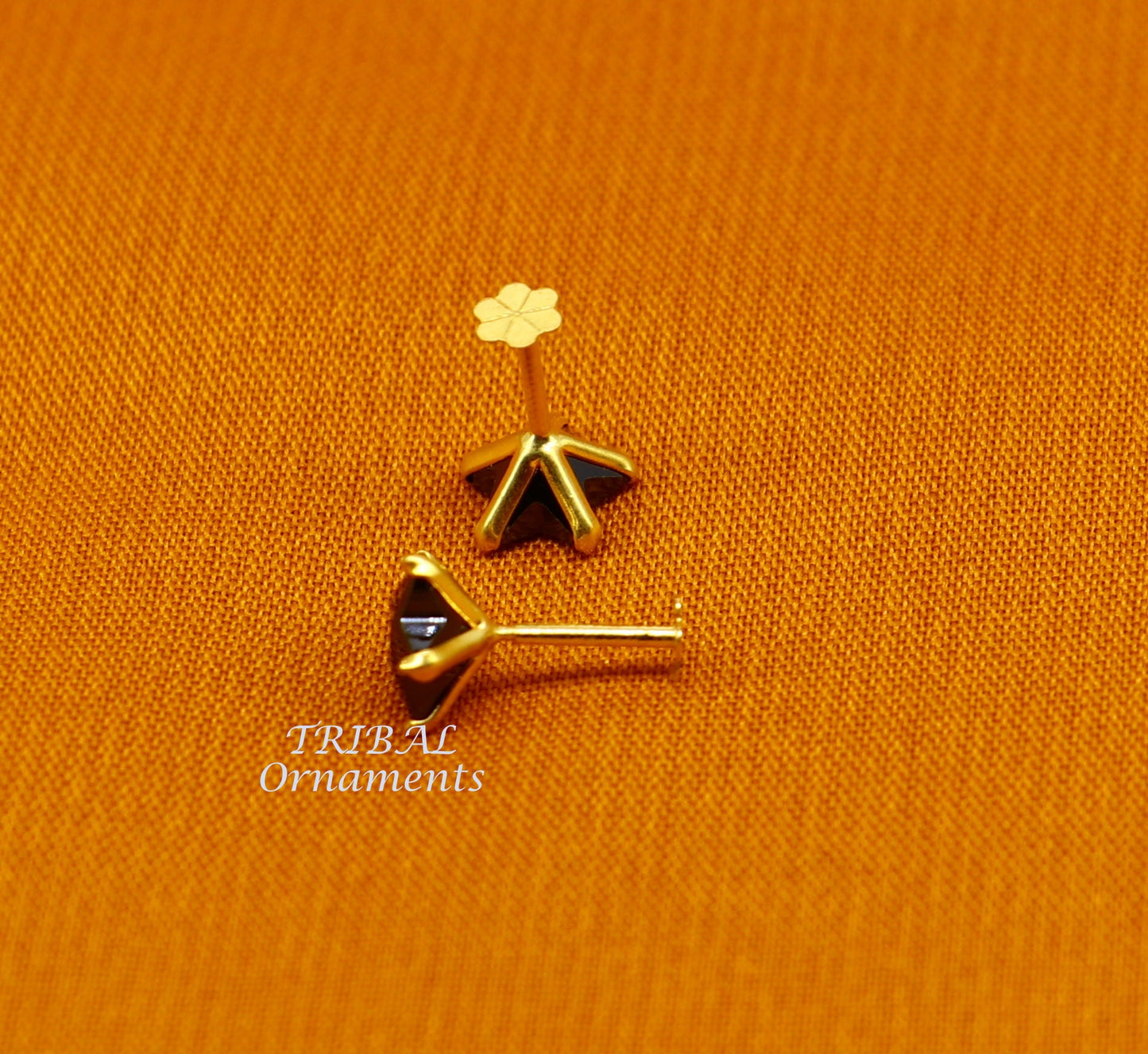 6mm 18kt yellow gold handmade single black stone back screw stud earring cartilage customized unisex jewelry er141 - TRIBAL ORNAMENTS